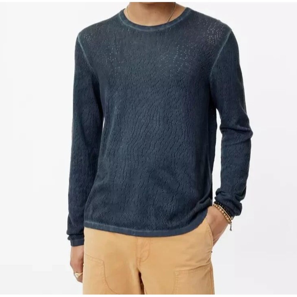 JOHN VARVATOS Mens Sweater Medium Navy Gray Crew CAMDEN Mesh Stitch Sheer $228
